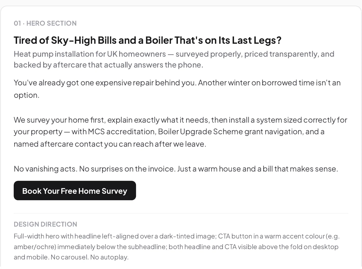 From the Conversion Blueprint: the rewritten Heat Pumps Specialists hero — Tired of sky-high bills and a boiler on its last legs? — with a Book Your Free Home Survey button