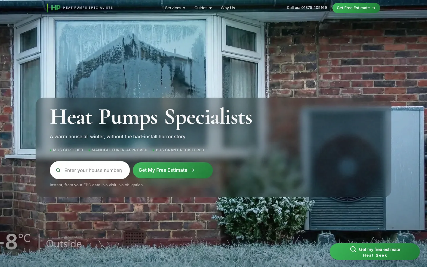 The Heat Pumps Specialists homepage — frosted house, heat pump, instant estimate form