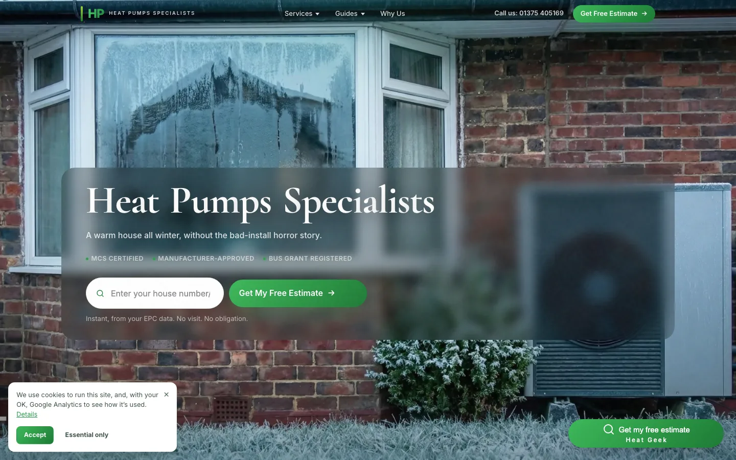 The Heat Pumps Specialists homepage — frosted house, heat pump, instant estimate form