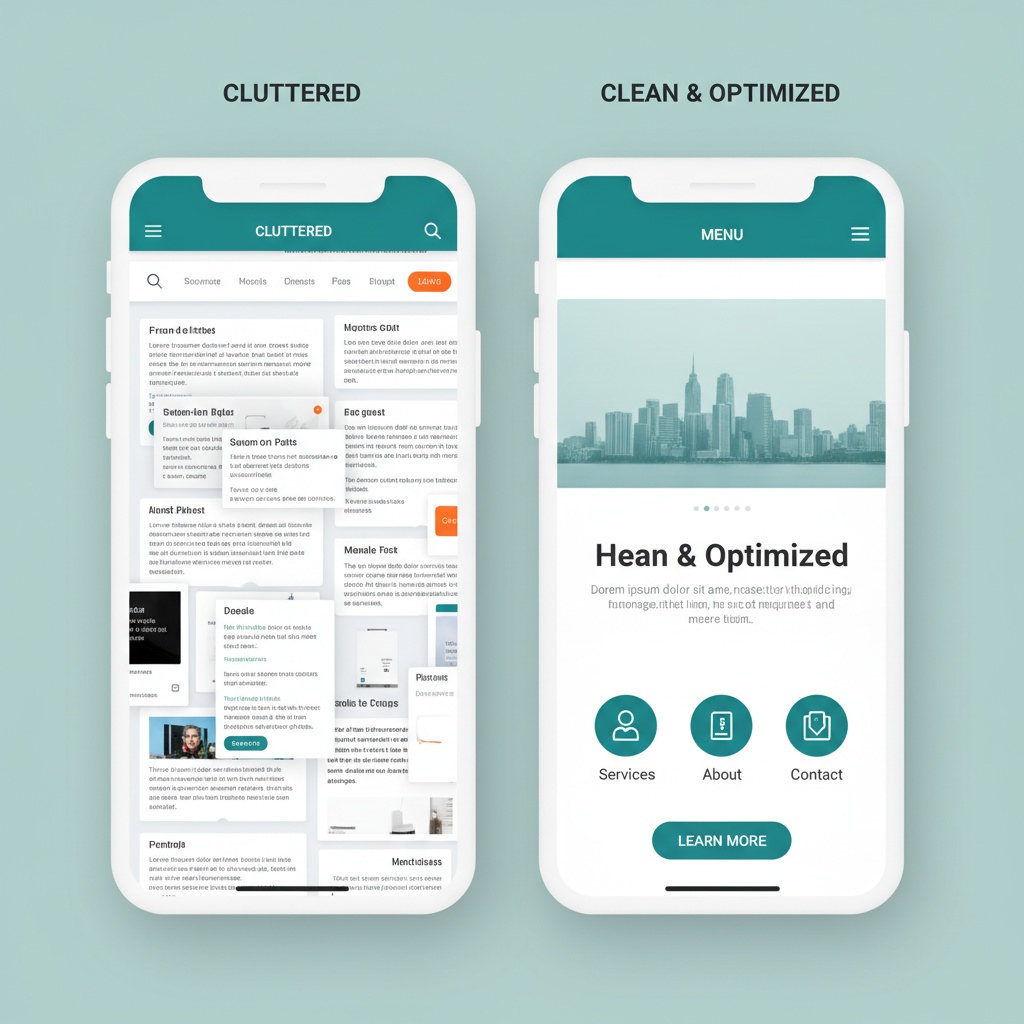 Mobile website optimization comparison showing cluttered design versus clean mobile-optimized UX 2025
